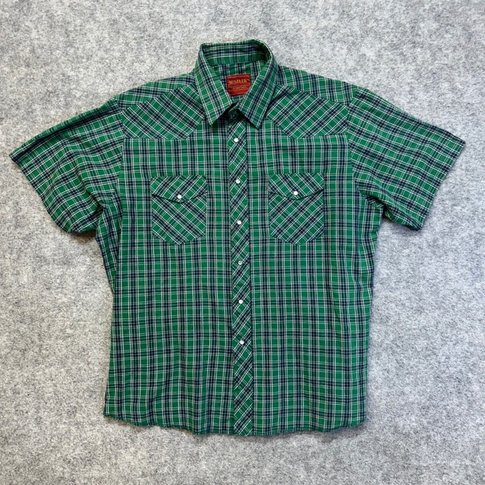 Rustler Western Shirt Mens‎ L Green Plaid Excellent Short Sleeve Pearl Snap Tail